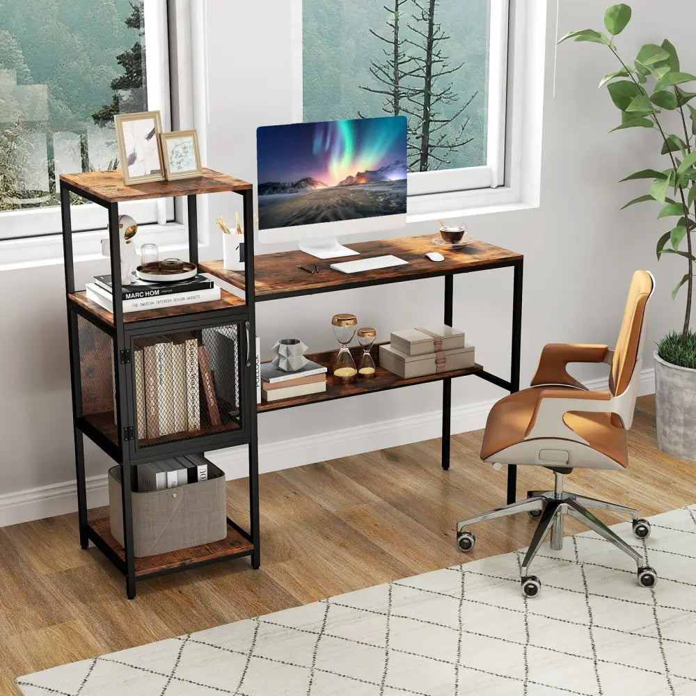 Computer Desk with Bookshelf Home Office Desk with Storage Cabinet and Shelves-Rustic Brown - Rustic Brown - Computer