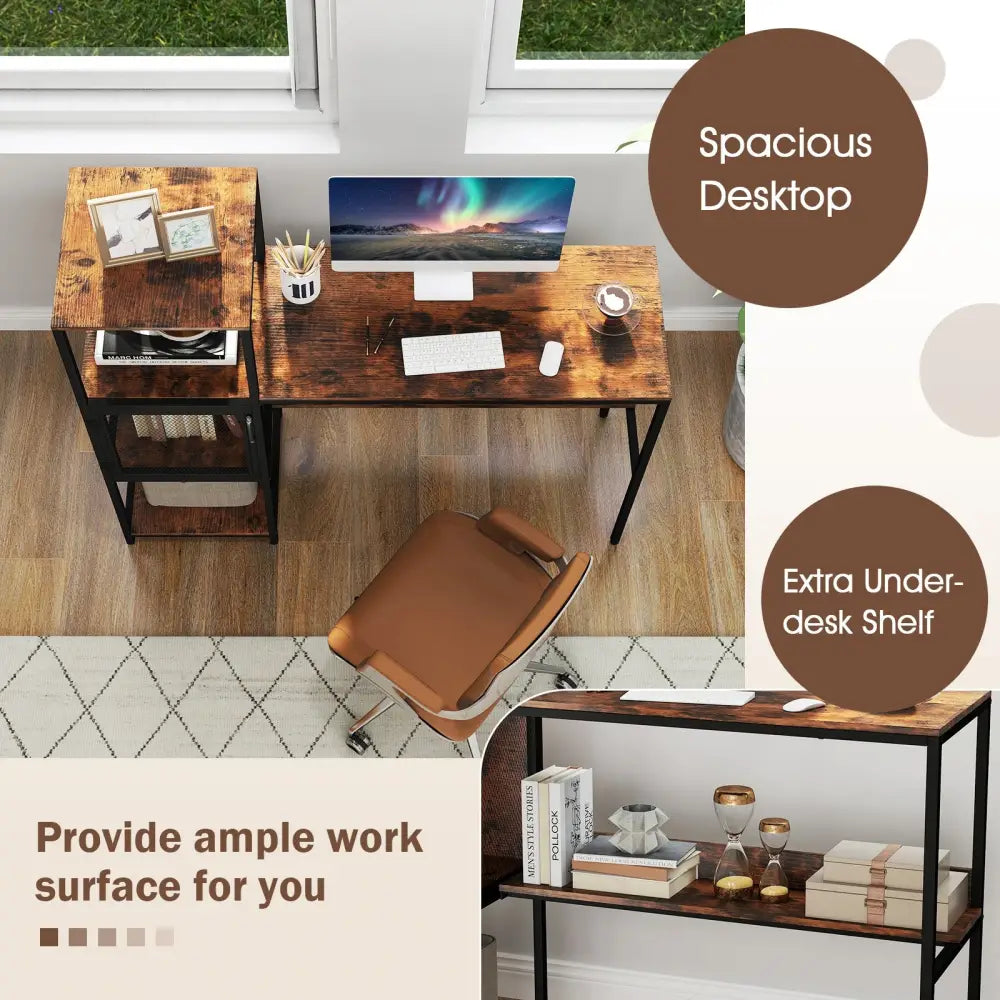Computer Desk with Bookshelf Home Office Desk with Storage Cabinet and Shelves-Rustic Brown - Rustic Brown - Computer