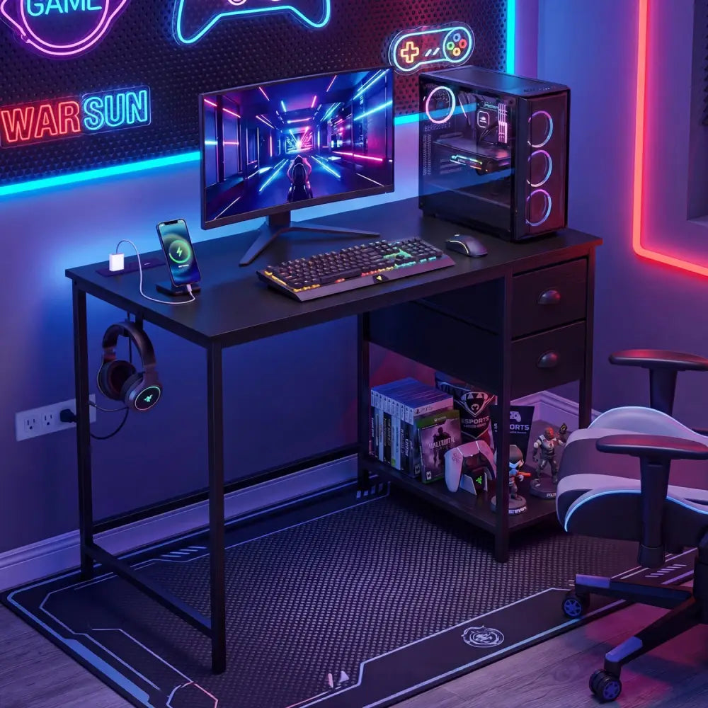 Computer Desk with Charging Station and 2 Fabric Drawers for Small Spaces-Black - Black - Computer Desks