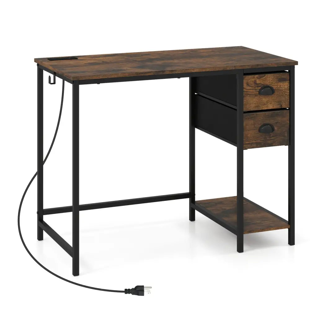 Computer Desk with Charging Station and 2 Fabric Drawers for Small Spaces-Rustic Brown - Rustic Brown - Computer Desks