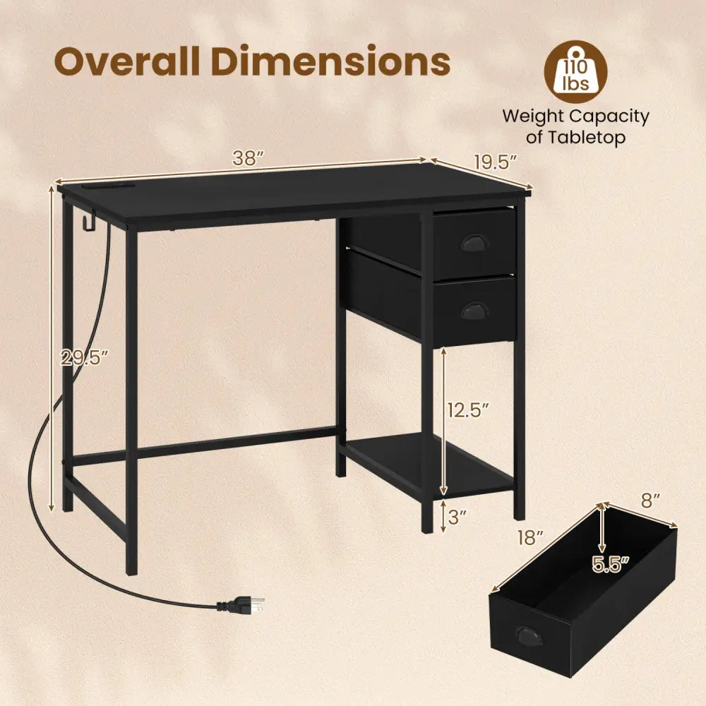 Computer Desk with Charging Station and 2 Fabric Drawers for Small Spaces-Black - Black - Computer Desks
