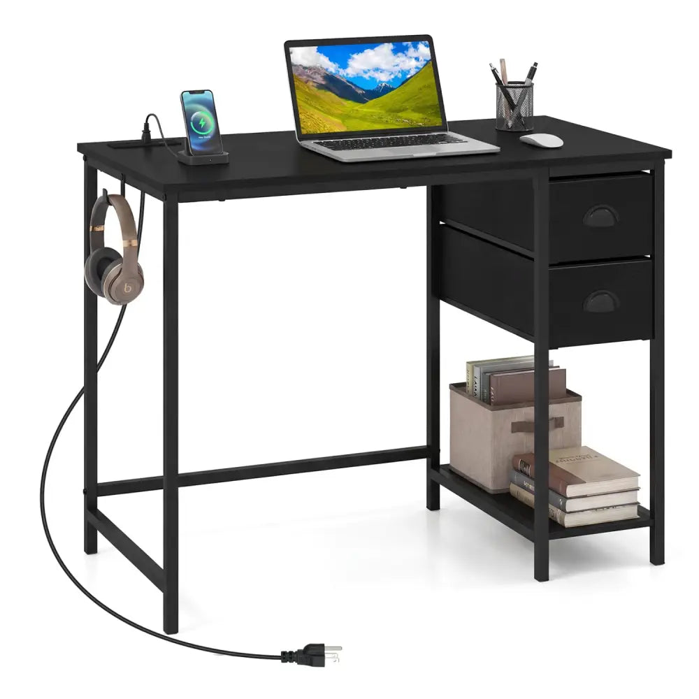 Computer Desk with Charging Station and 2 Fabric Drawers for Small Spaces-Black - Black - Computer Desks