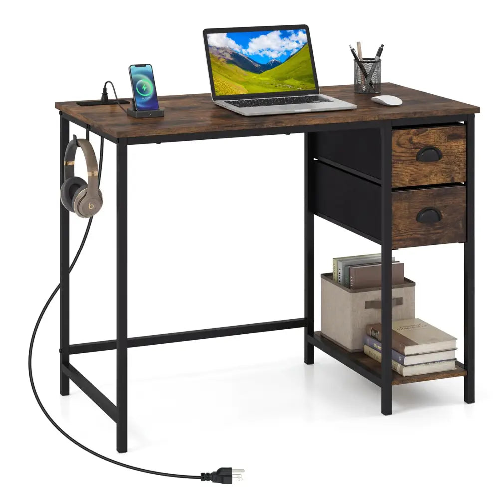 Computer Desk with Charging Station and 2 Fabric Drawers for Small Spaces-Rustic Brown - Rustic Brown - Computer Desks