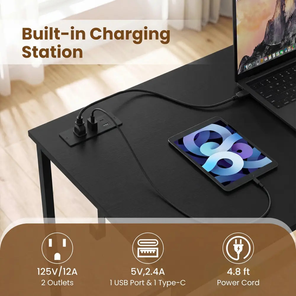 Computer Desk with Charging Station and 2 Fabric Drawers for Small Spaces-Black - Black - Computer Desks