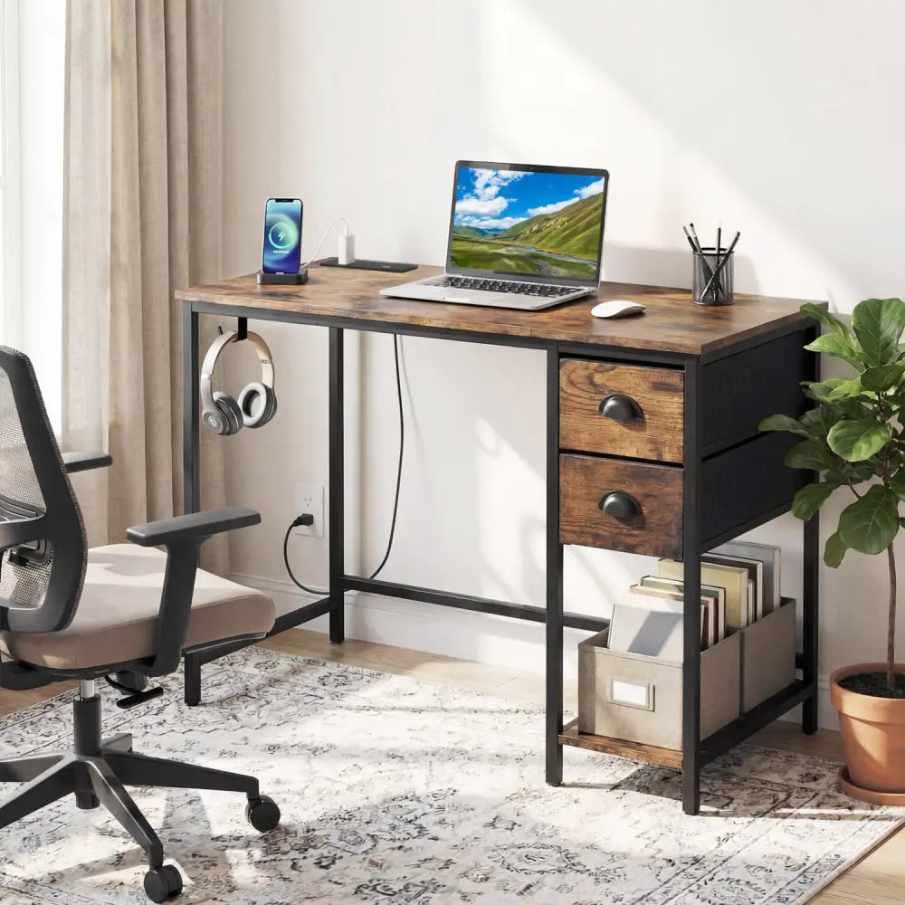 Computer Desk with Charging Station and 2 Fabric Drawers for Small Spaces-Rustic Brown - Rustic Brown - Computer Desks