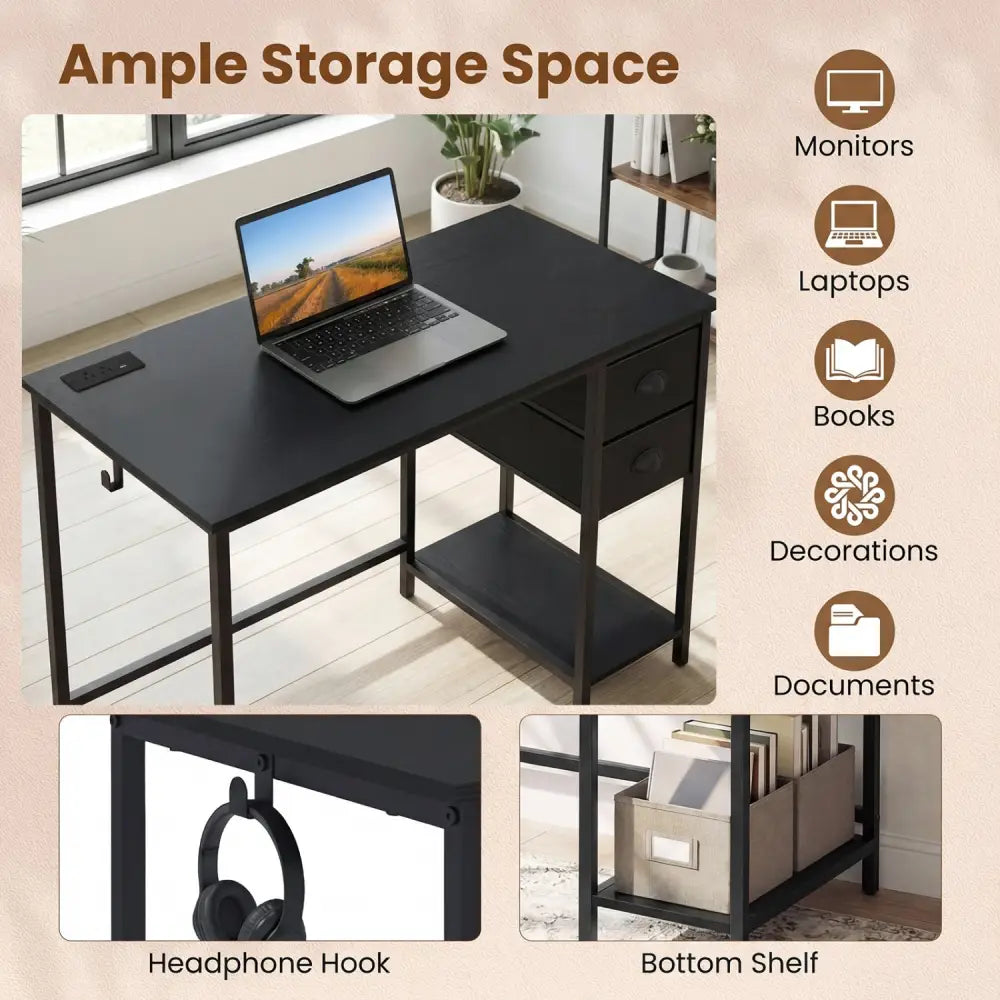 Computer Desk with Charging Station and 2 Fabric Drawers for Small Spaces-Black - Black - Computer Desks