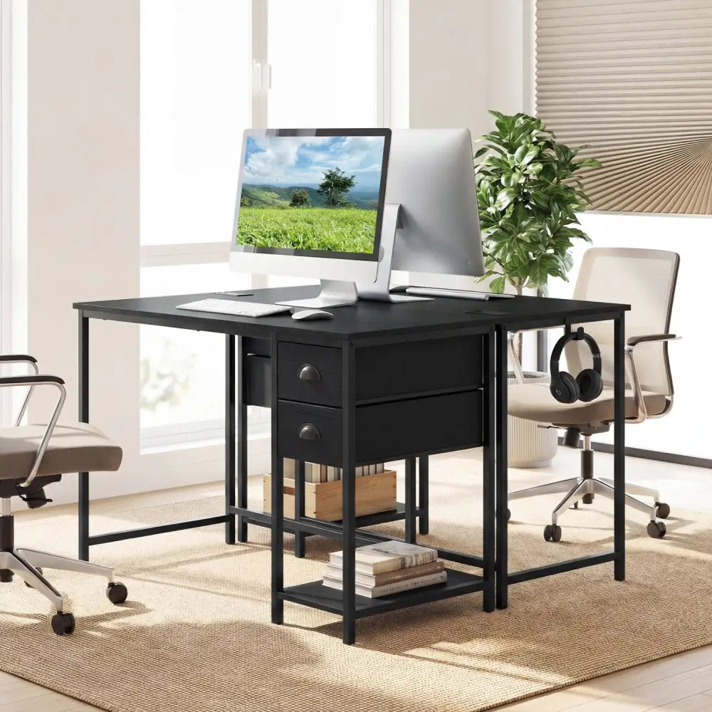 Computer Desk with Charging Station and 2 Fabric Drawers for Small Spaces-Black - Black - Computer Desks