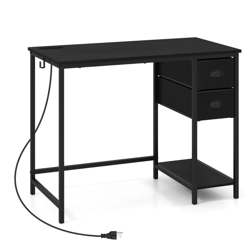 Computer Desk with Charging Station and 2 Fabric Drawers for Small Spaces-Black - Black - Computer Desks