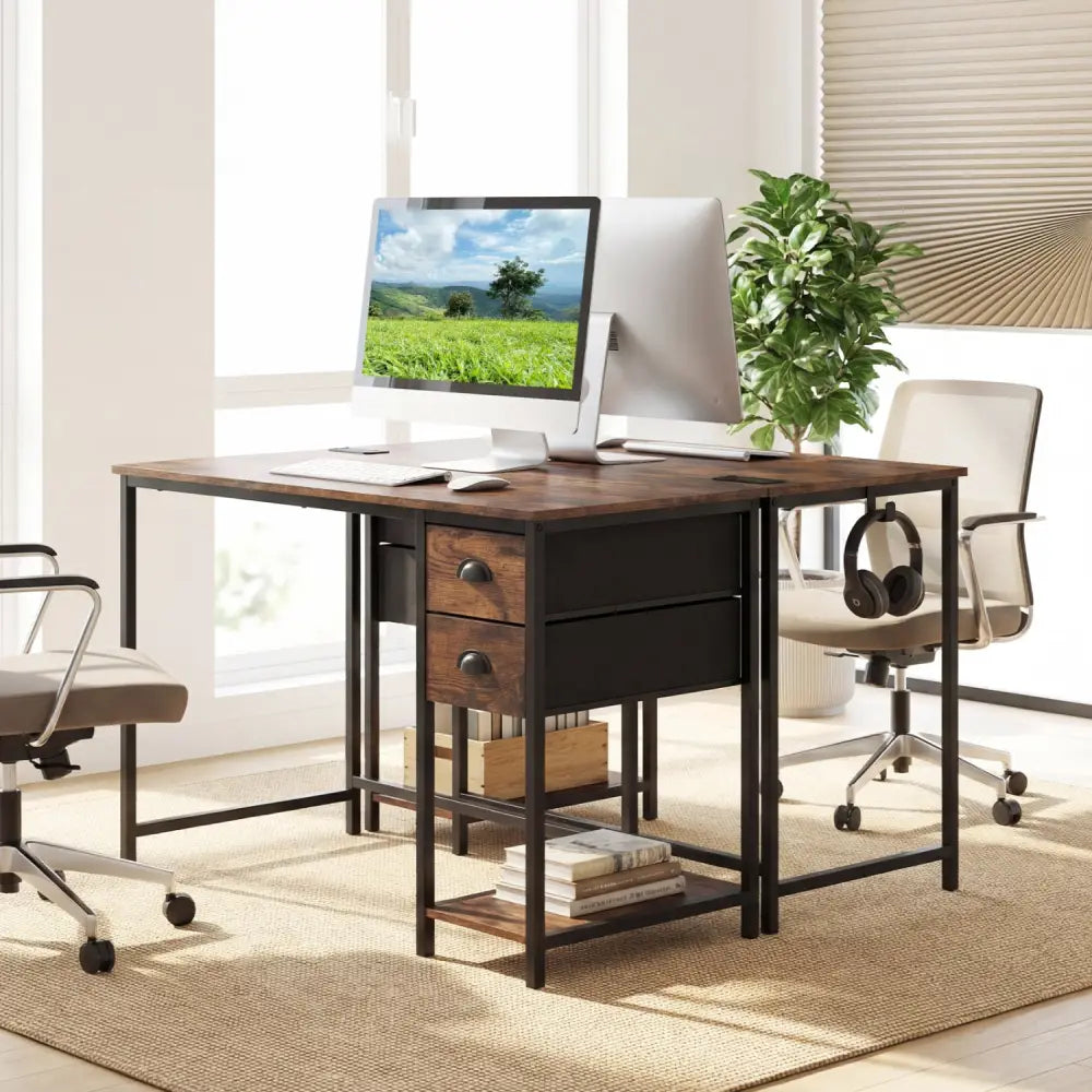 Computer Desk with Charging Station and 2 Fabric Drawers for Small Spaces-Rustic Brown - Rustic Brown - Computer Desks