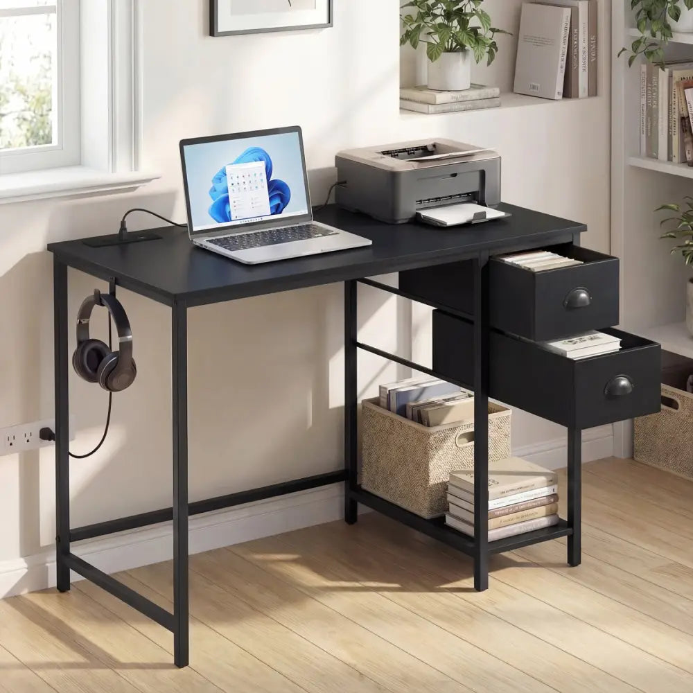 Computer Desk with Charging Station and 2 Fabric Drawers for Small Spaces-Black - Black - Computer Desks