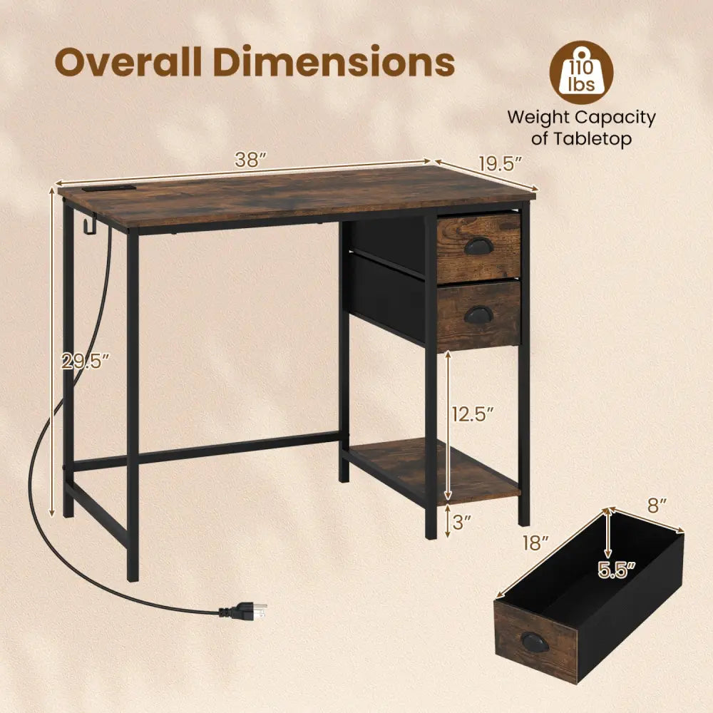 Computer Desk with Charging Station and 2 Fabric Drawers for Small Spaces-Rustic Brown - Rustic Brown - Computer Desks