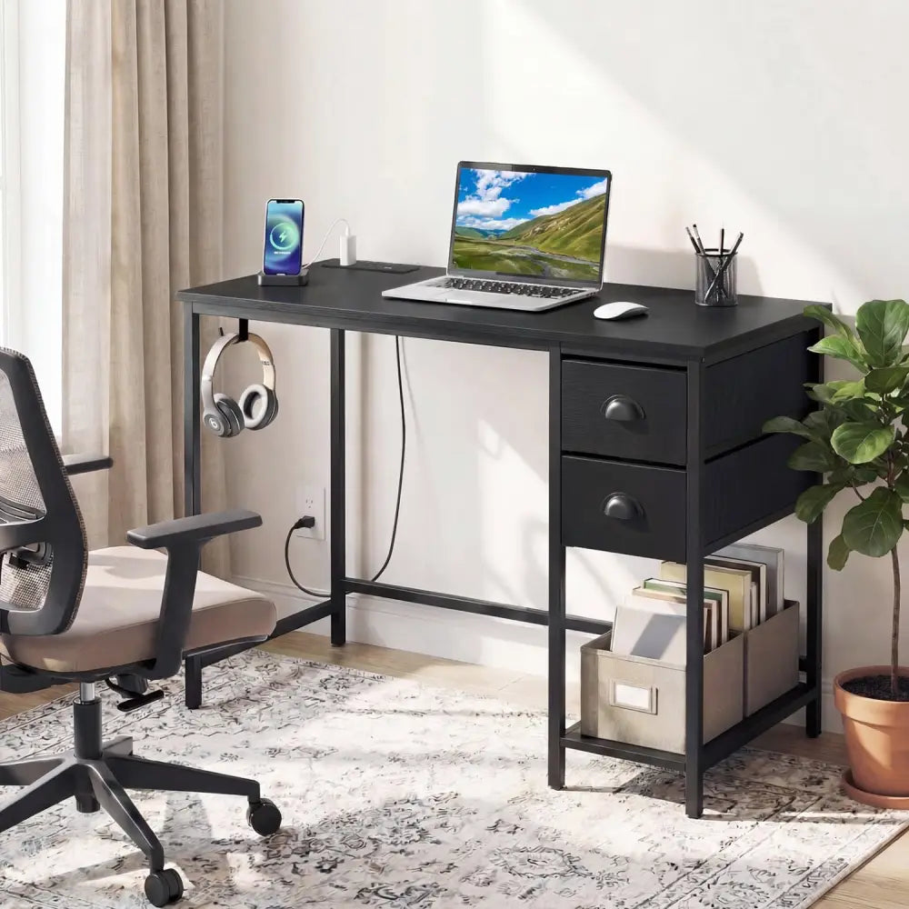 Computer Desk with Charging Station and 2 Fabric Drawers for Small Spaces-Black - Black - Computer Desks