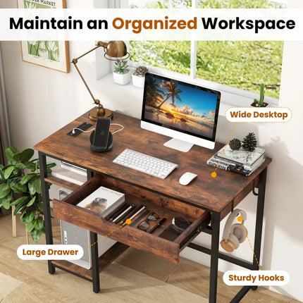 Computer Desk with Charging Station and Drawer & Adjustable Shelf-Rustic Brown - Rustic Brown - Computer Desks