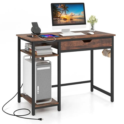 Computer Desk with Charging Station and Drawer & Adjustable Shelf-Rustic Brown - Rustic Brown - Computer Desks