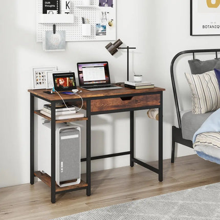 Computer Desk with Charging Station and Drawer & Adjustable Shelf-Rustic Brown - Rustic Brown - Computer Desks