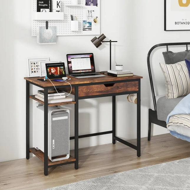 Computer Desk with Charging Station and Drawer & Adjustable Shelf-Rustic Brown - Rustic Brown - Computer Desks