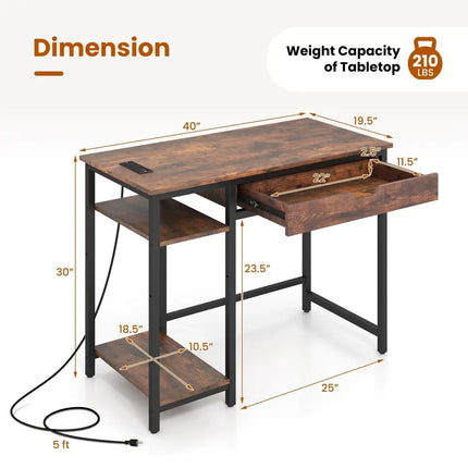 Computer Desk with Charging Station and Drawer & Adjustable Shelf-Rustic Brown - Rustic Brown - Computer Desks