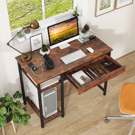 Computer Desk with Charging Station and Drawer & Adjustable Shelf-Rustic Brown - Rustic Brown - Computer Desks