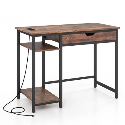 Computer Desk with Charging Station and Drawer & Adjustable Shelf-Rustic Brown - Rustic Brown - Computer Desks