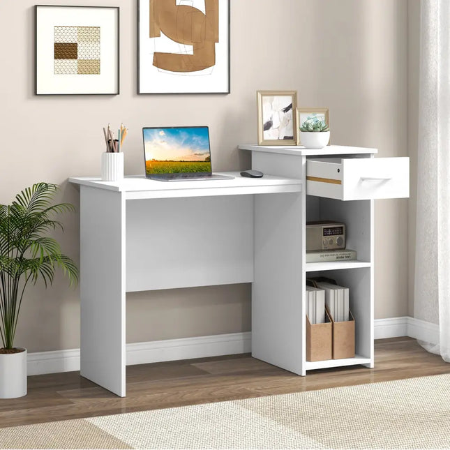 Computer Desk with Drawer Modern Laptop PC Desk with Adjustable Shelf and Cable Hole-White - White - Computer Desks