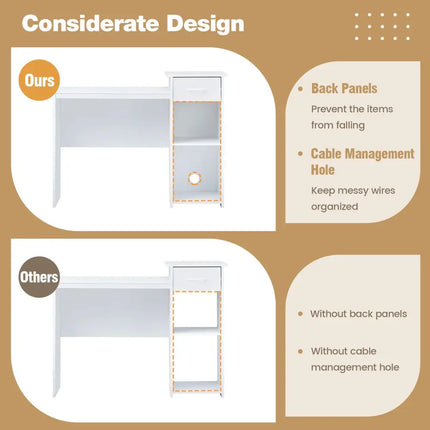 Computer Desk with Drawer Modern Laptop PC Desk with Adjustable Shelf and Cable Hole-White - White - Computer Desks