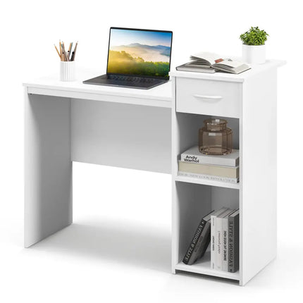 Computer Desk with Drawer Modern Laptop PC Desk with Adjustable Shelf and Cable Hole-White - White - Computer Desks