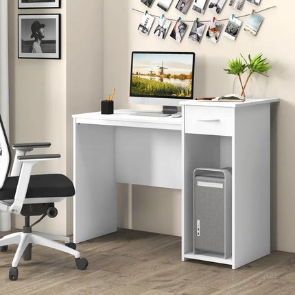 Computer Desk with Drawer Modern Laptop PC Desk with Adjustable Shelf and Cable Hole-White - White - Computer Desks
