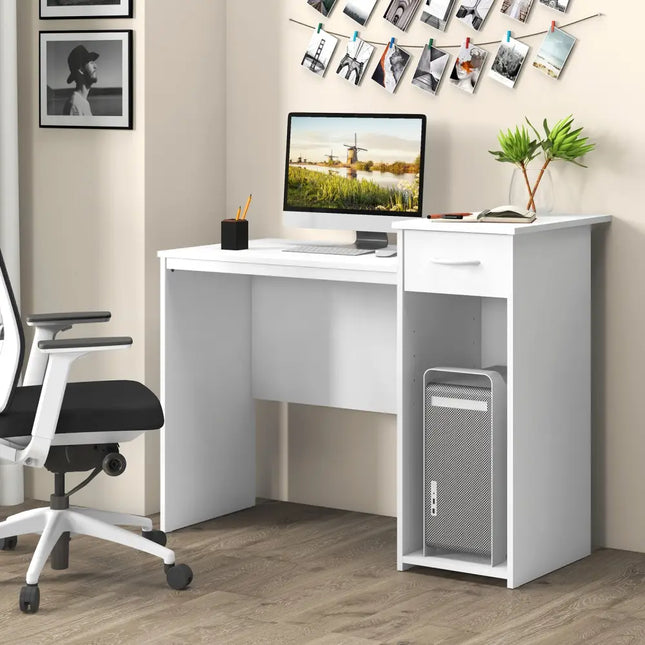 Computer Desk with Drawer Modern Laptop PC Desk with Adjustable Shelf and Cable Hole-White - White - Computer Desks