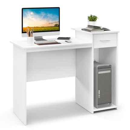 Computer Desk with Drawer Modern Laptop PC Desk with Adjustable Shelf and Cable Hole-White - White - Computer Desks