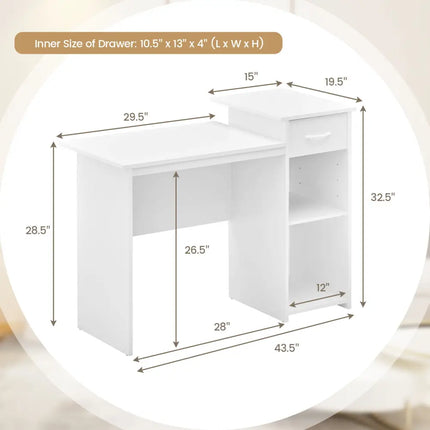 Computer Desk with Drawer Modern Laptop PC Desk with Adjustable Shelf and Cable Hole-White - White - Computer Desks