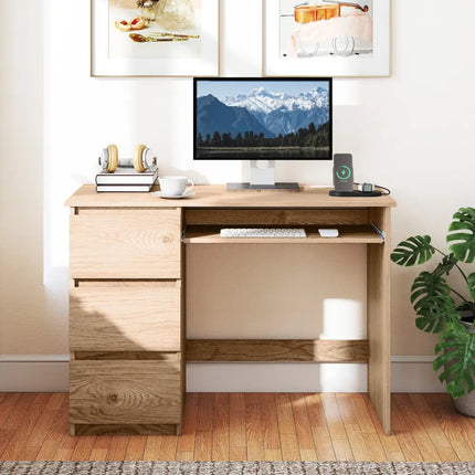 Computer Desk with Power Outlet Keyboard Tray and 3 Large Drawers-Natural - Natural - Computer Desks