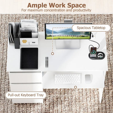 Computer Desk with Power Outlet Keyboard Tray and 3 Large Drawers-White - White - Computer Desks