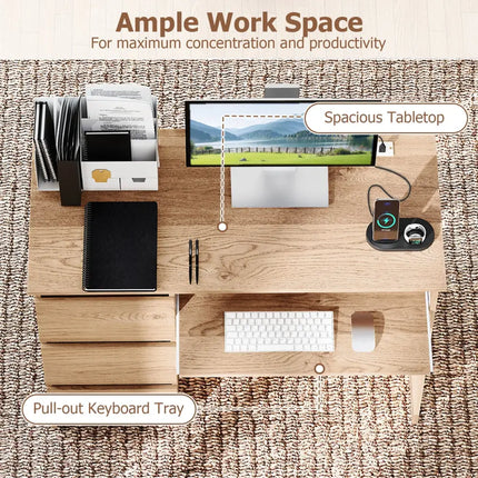 Computer Desk with Power Outlet Keyboard Tray and 3 Large Drawers-Natural - Natural - Computer Desks