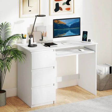 Computer Desk with Power Outlet Keyboard Tray and 3 Large Drawers-White - White - Computer Desks