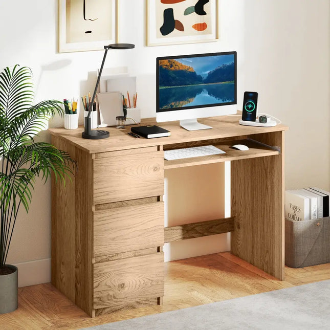 Computer Desk with Power Outlet Keyboard Tray and 3 Large Drawers-Natural - Natural - Computer Desks