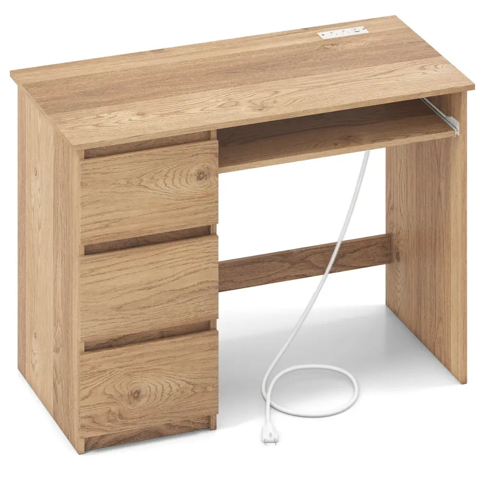Computer Desk with Power Outlet Keyboard Tray and 3 Large Drawers-Natural - Natural - Computer Desks