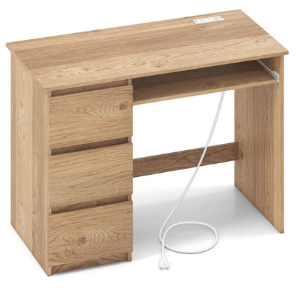 Computer Desk with Power Outlet Keyboard Tray and 3 Large Drawers-Natural - Natural - Computer Desks