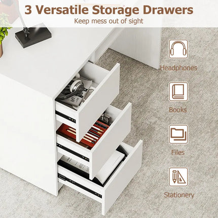 Computer Desk with Power Outlet Keyboard Tray and 3 Large Drawers-White - White - Computer Desks