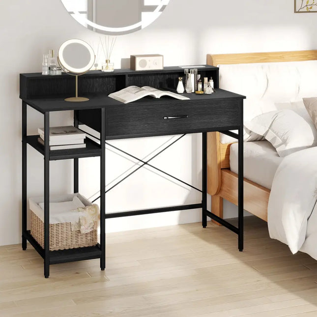 Computer Desk with Power Outlets 42inch Writing Desk with Hutch Drawer and 2 Open Shelves-Black - Black - Computer Desks