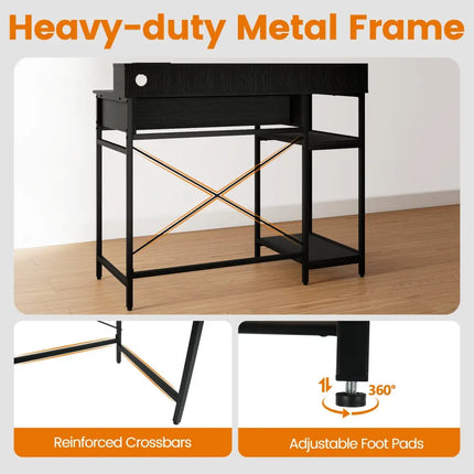 Computer Desk with Power Outlets 42inch Writing Desk with Hutch Drawer and 2 Open Shelves-Black - Black - Computer Desks