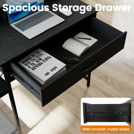 Computer Desk with Power Outlets 42inch Writing Desk with Hutch Drawer and 2 Open Shelves-Black - Black - Computer Desks