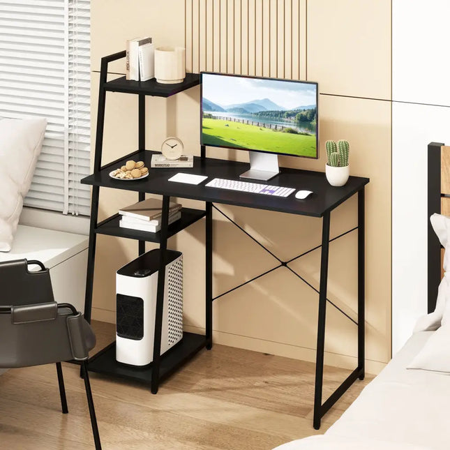 Computer Desk with Shelves and 3-Tier Storage Bookshelf-Black - Black - Writing Desks