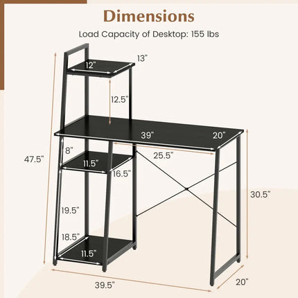 Computer Desk with Shelves and 3-Tier Storage Bookshelf-Black - Black - Writing Desks