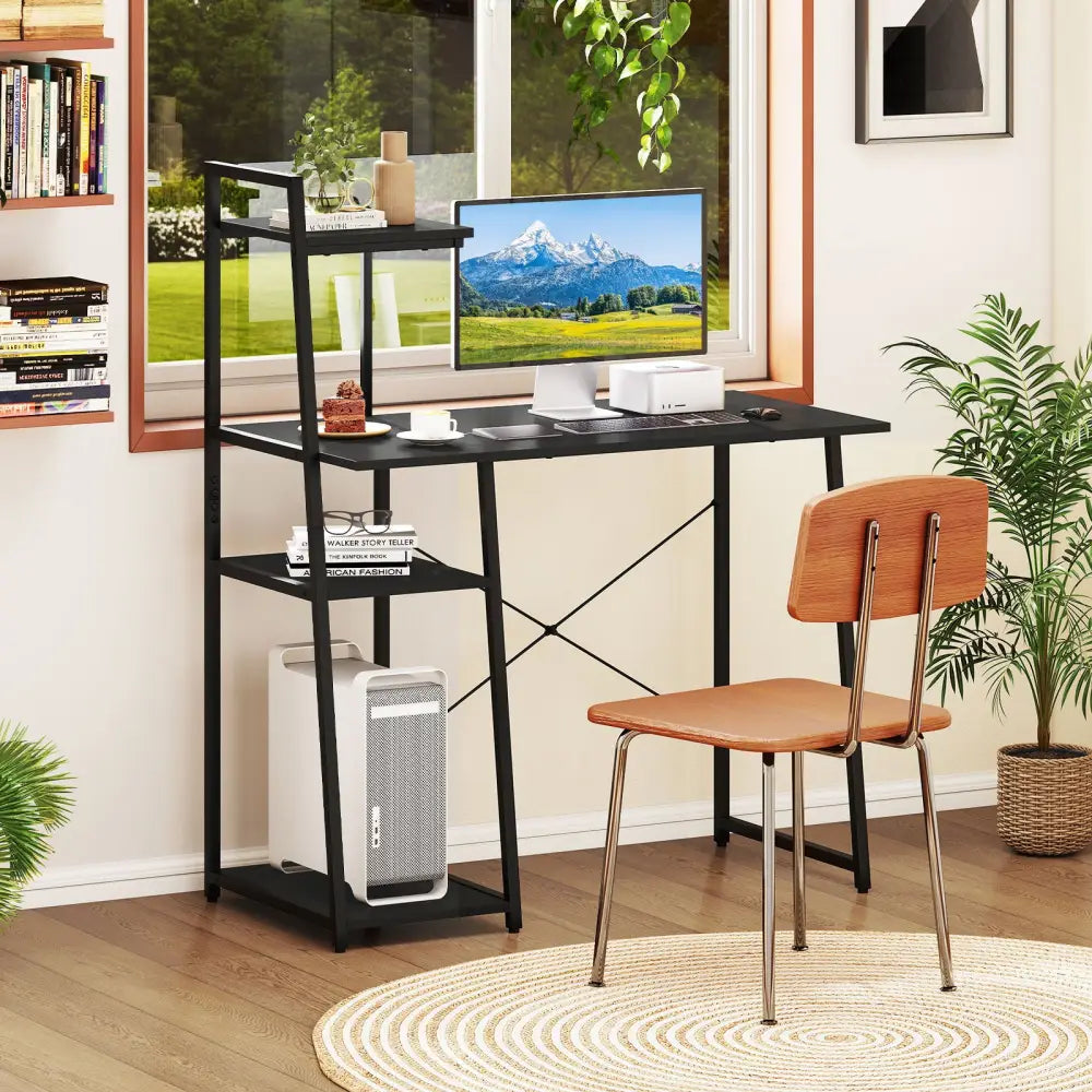Computer Desk with Shelves and 3-Tier Storage Bookshelf-Black - Black - Writing Desks