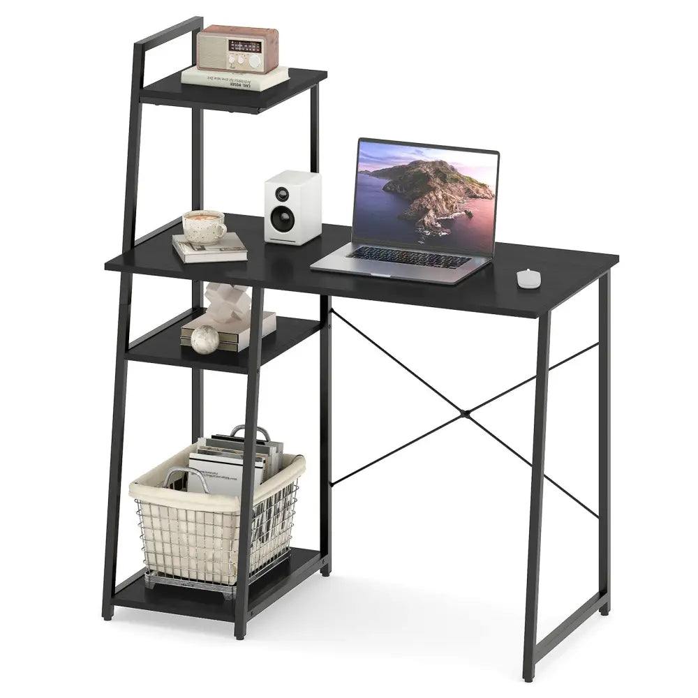 Computer Desk with Shelves and 3-Tier Storage Bookshelf-Black - Black - Writing Desks