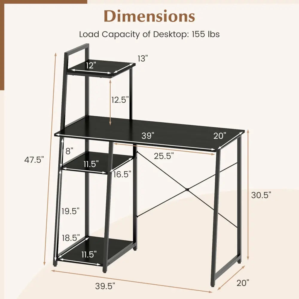 Computer Desk with Shelves and 3-Tier Storage Bookshelf-Black - Black - Writing Desks