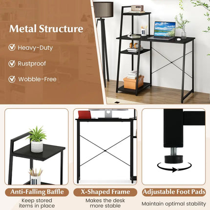 Computer Desk with Shelves and 3-Tier Storage Bookshelf-Black - Black - Writing Desks