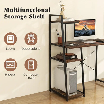 Computer Desk with Shelves and 3-Tier Storage Bookshelf-Brown - Brown - Writing Desks