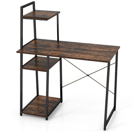 Computer Desk with Shelves and 3-Tier Storage Bookshelf-Brown - Brown - Writing Desks