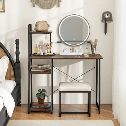 Computer Desk with Shelves and 3-Tier Storage Bookshelf-Brown - Brown - Writing Desks